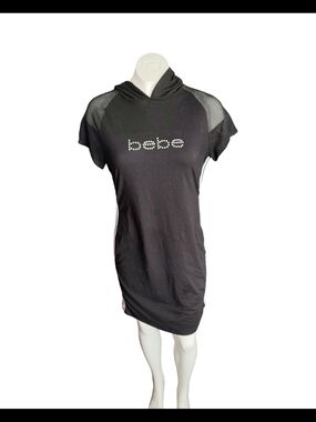 bebe Black Hooded Tee‎ Dress with Rhinestone Logo and Mesh Sleeves